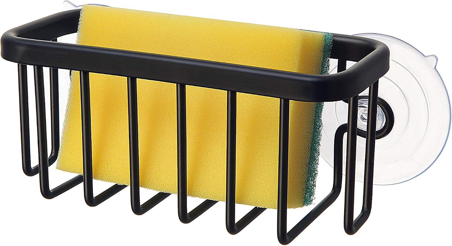 Black aluminum sink caddy with adhesive mount and suction cup, holding kitchen sponges and soap — view 1