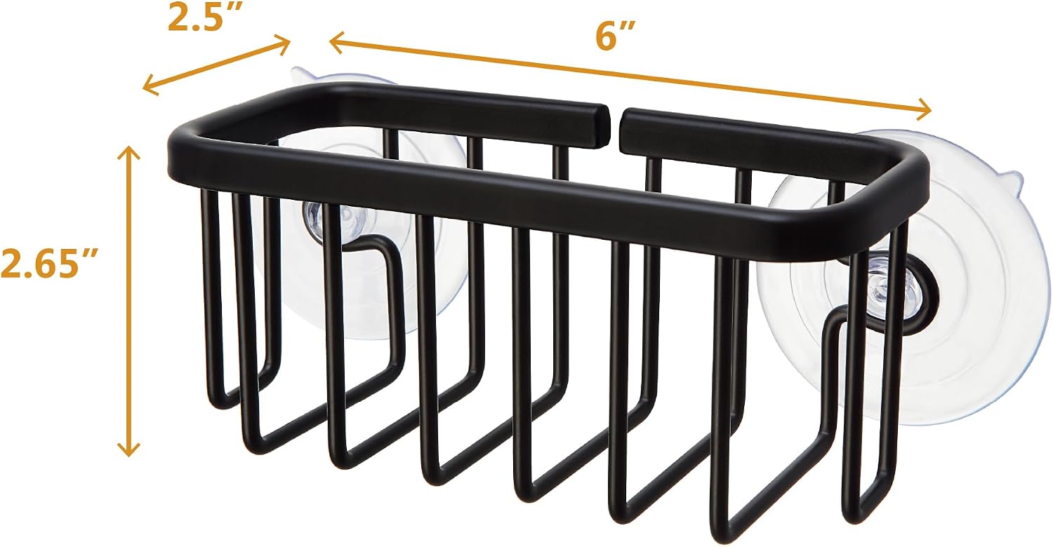 Black aluminum sink caddy with adhesive mount and suction cup, holding kitchen sponges and soap — view 3