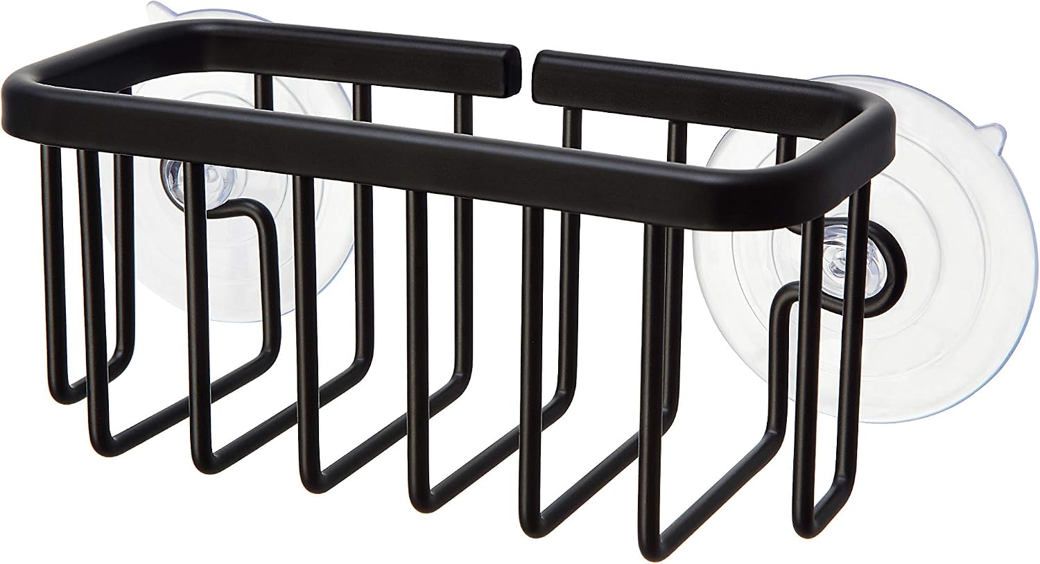Black aluminum sink caddy with adhesive mount and suction cup, holding kitchen sponges and soap — view 3