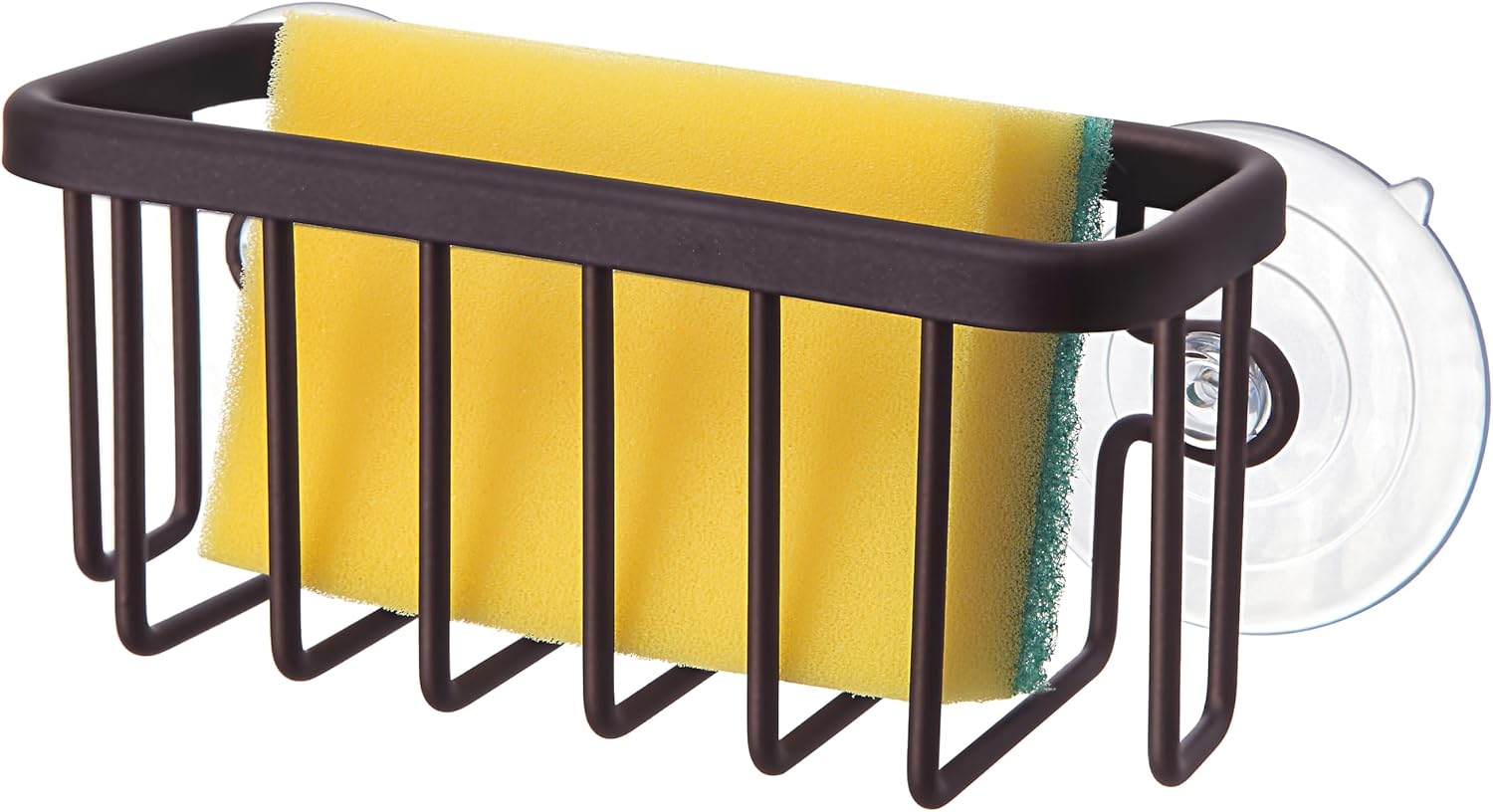Black aluminum sink caddy with adhesive mount and suction cup, holding kitchen sponges and soap — view 4