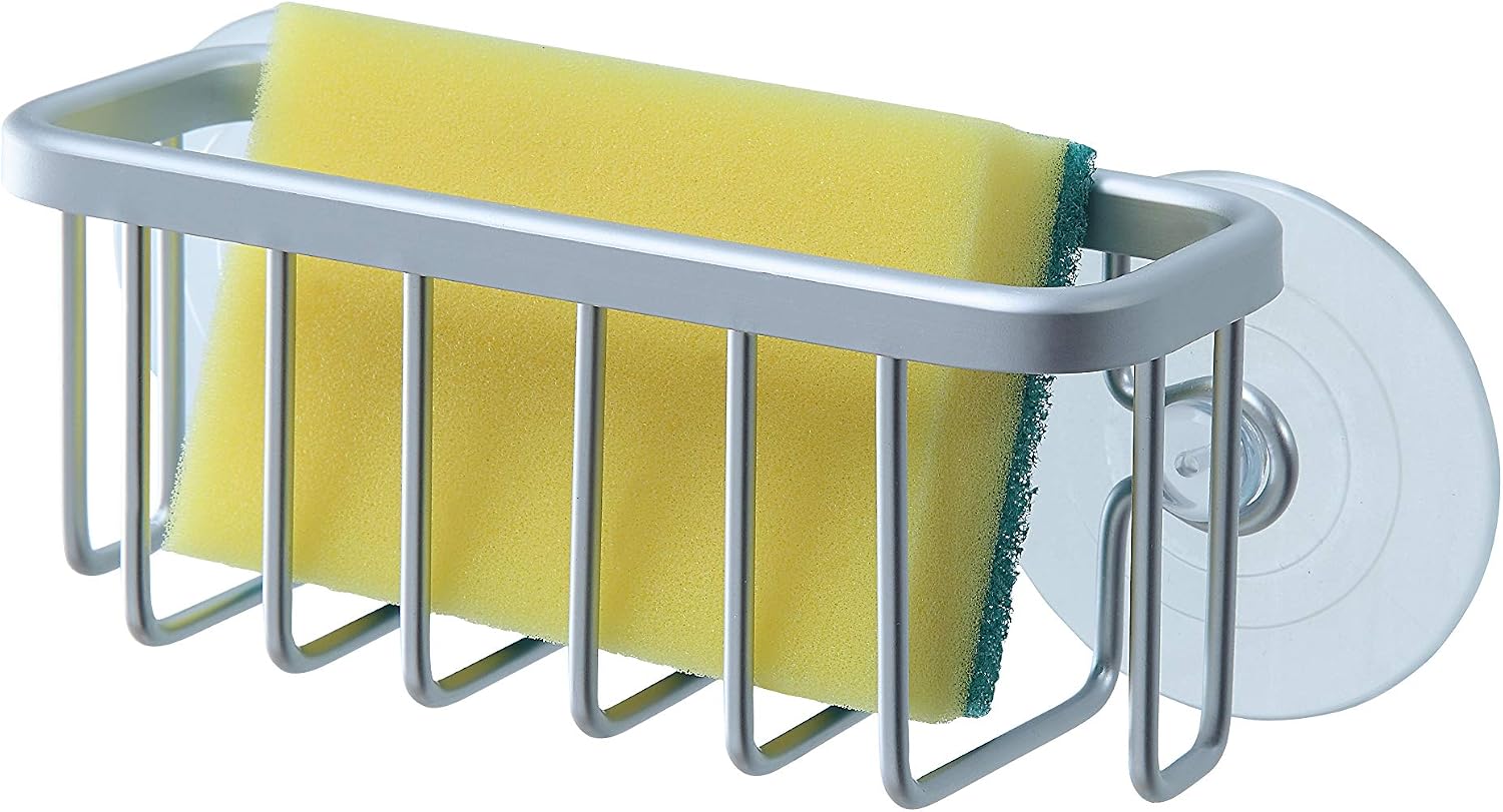 Black aluminum sink caddy with adhesive mount and suction cup, holding kitchen sponges and soap — view 5