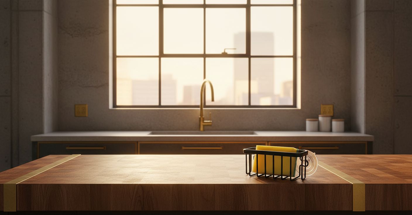 Black aluminum sink caddy with adhesive mount and suction cup, holding kitchen sponges and soap โ view 1