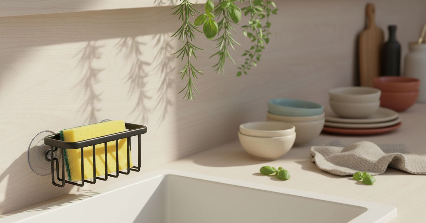 Black aluminum sink caddy with adhesive mount and suction cup, holding kitchen sponges and soap โ view 5b