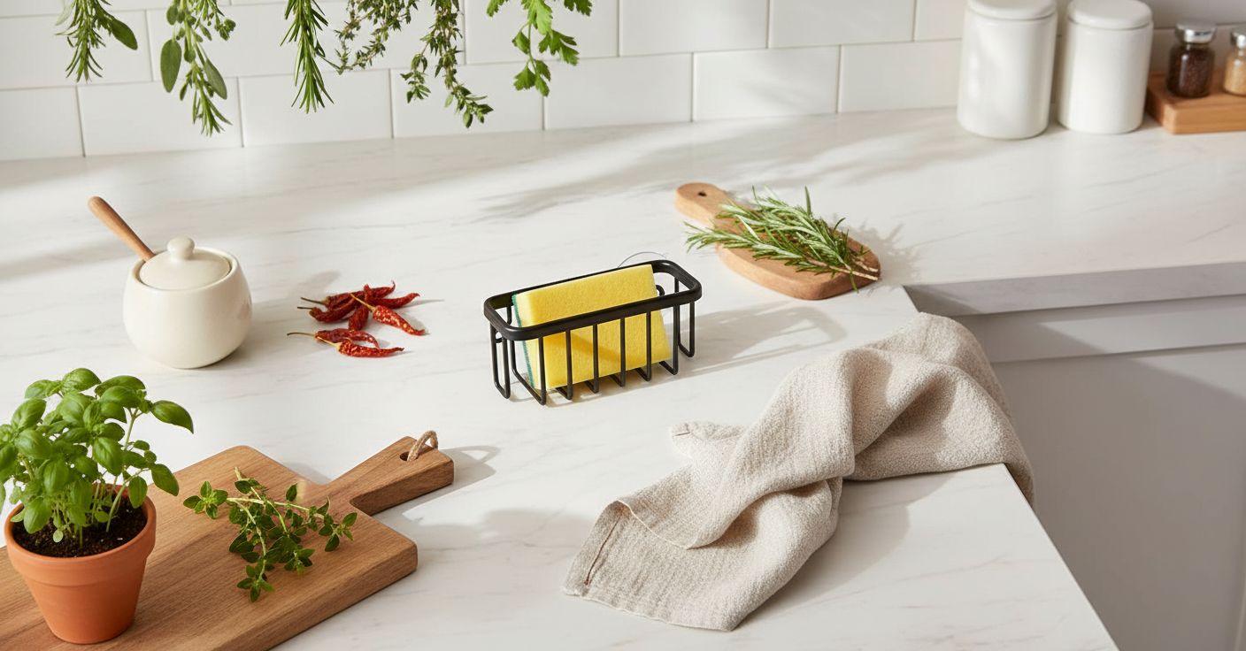 Black aluminum sink caddy with adhesive mount and suction cup, holding kitchen sponges and soap โ view 7a