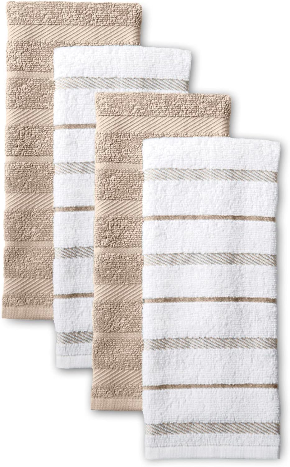 Set of four KitchenAid cotton kitchen towels in milkshake tan and white, 16x26 inches — view 1