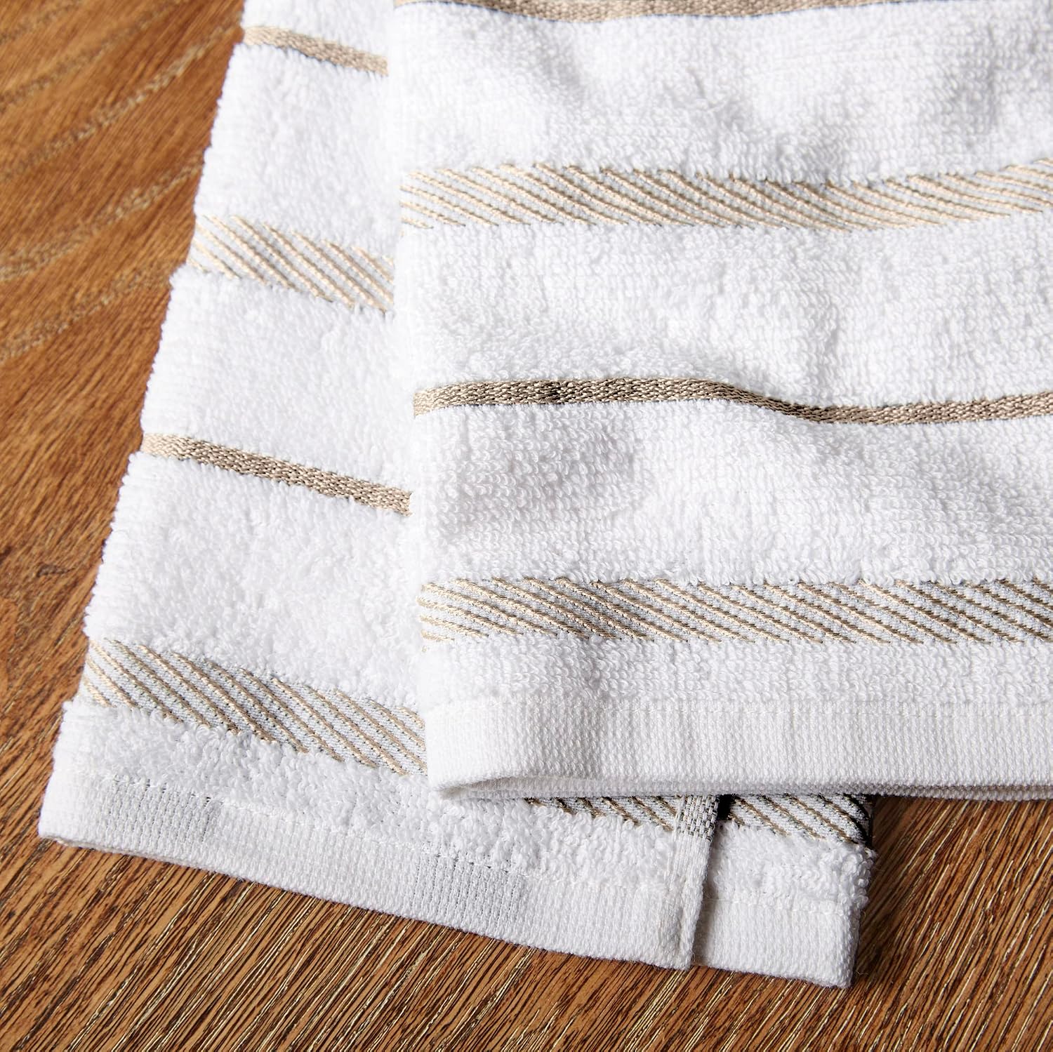 Set of four KitchenAid cotton kitchen towels in milkshake tan and white, 16x26 inches — view 3