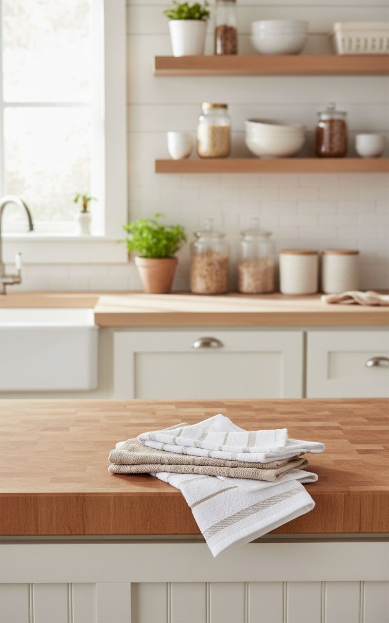 Set of four KitchenAid cotton kitchen towels in milkshake tan and white, 16x26 inches โ view 1