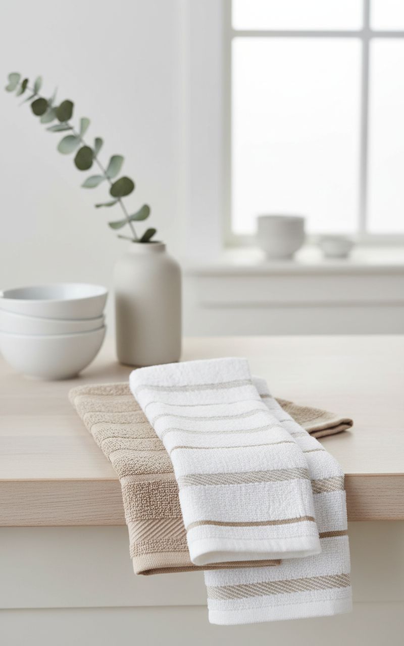 Set of four KitchenAid cotton kitchen towels in milkshake tan and white, 16x26 inches โ view 5b