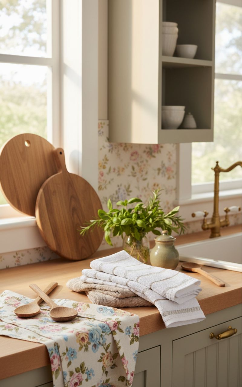 Set of four KitchenAid cotton kitchen towels in milkshake tan and white, 16x26 inches โ view 5a