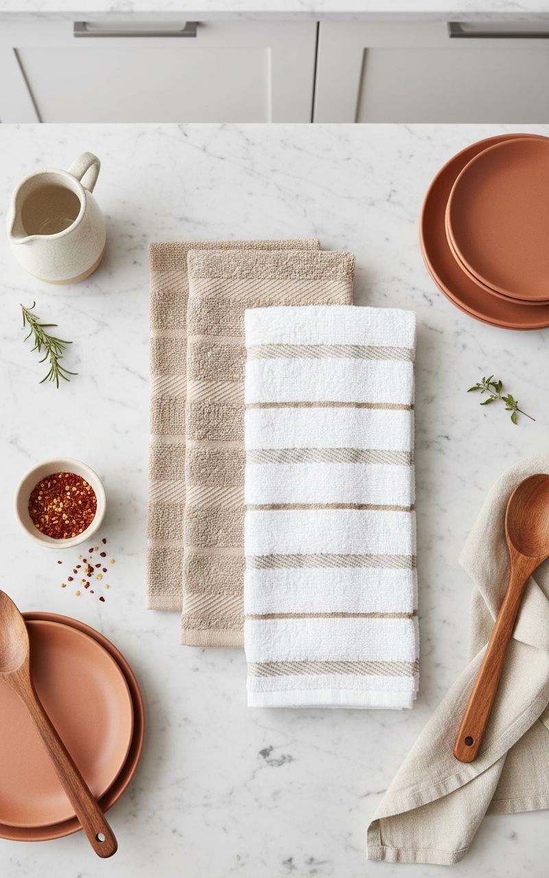 Set of four KitchenAid cotton kitchen towels in milkshake tan and white, 16x26 inches โ view 7a