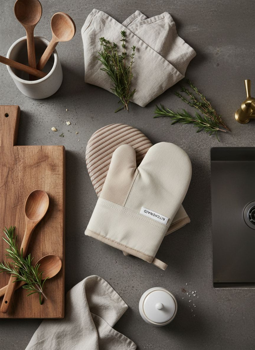 KitchenAid two-tone cotton blend oven mitt in milkshake tan and beige with non-slip grip β view 5a