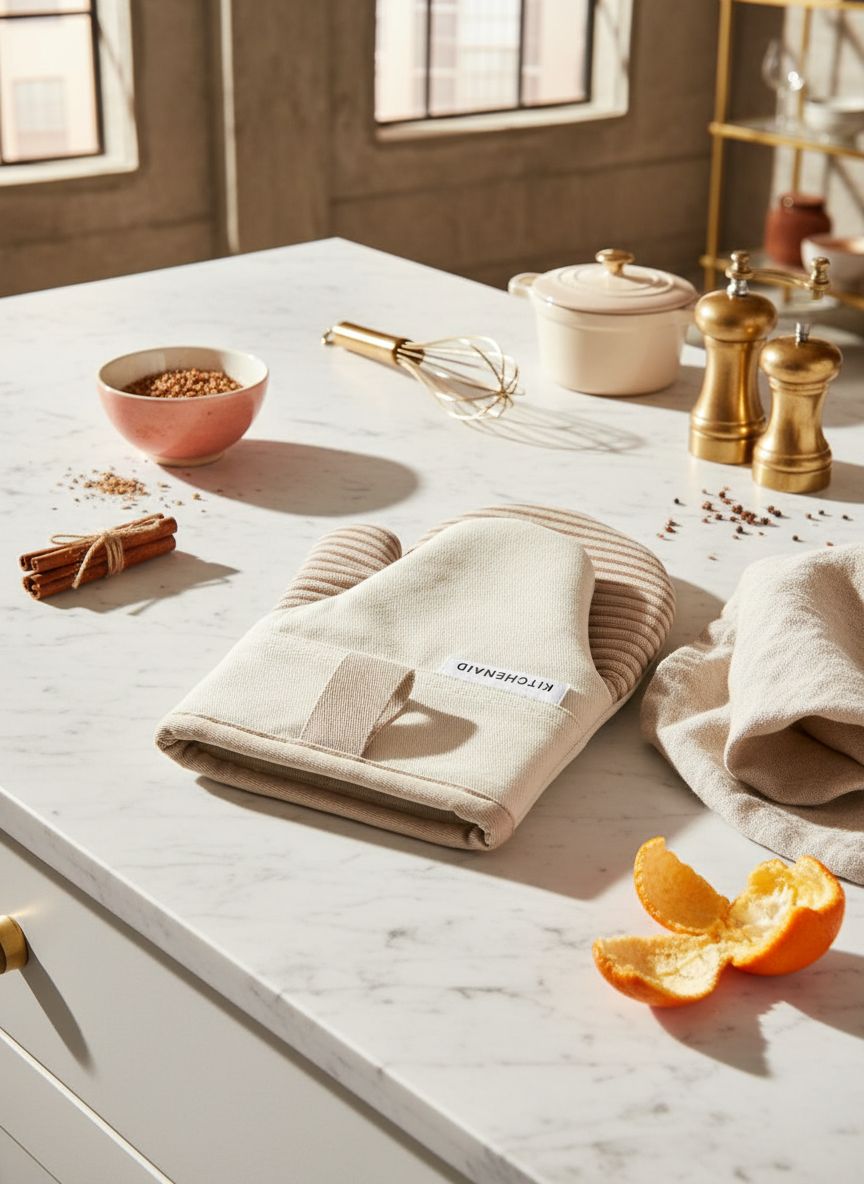 KitchenAid two-tone cotton blend oven mitt in milkshake tan and beige with non-slip grip β view 7a