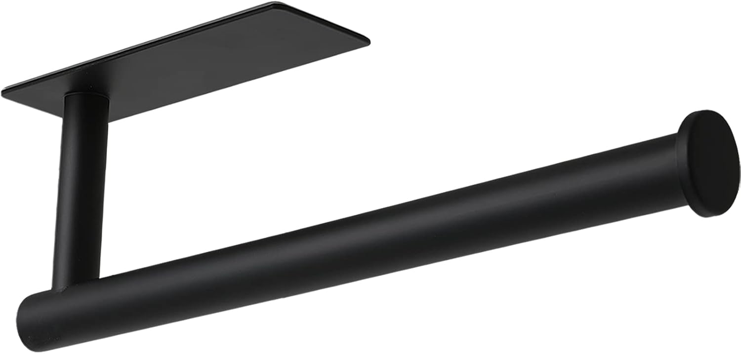Black plastic adhesive under-cabinet paper towel holder mounted on kitchen cabinet — view 1