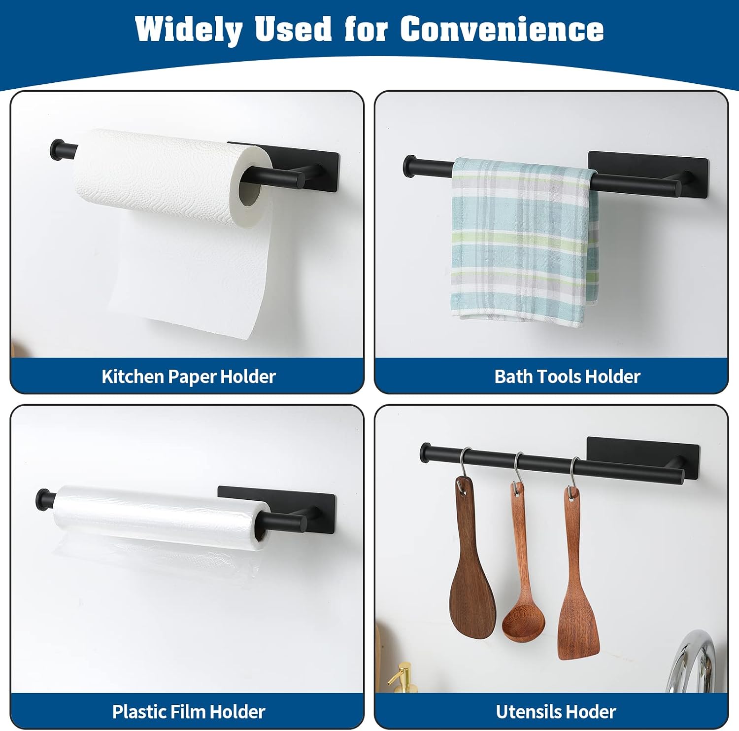 Black plastic adhesive under-cabinet paper towel holder mounted on kitchen cabinet — view 2