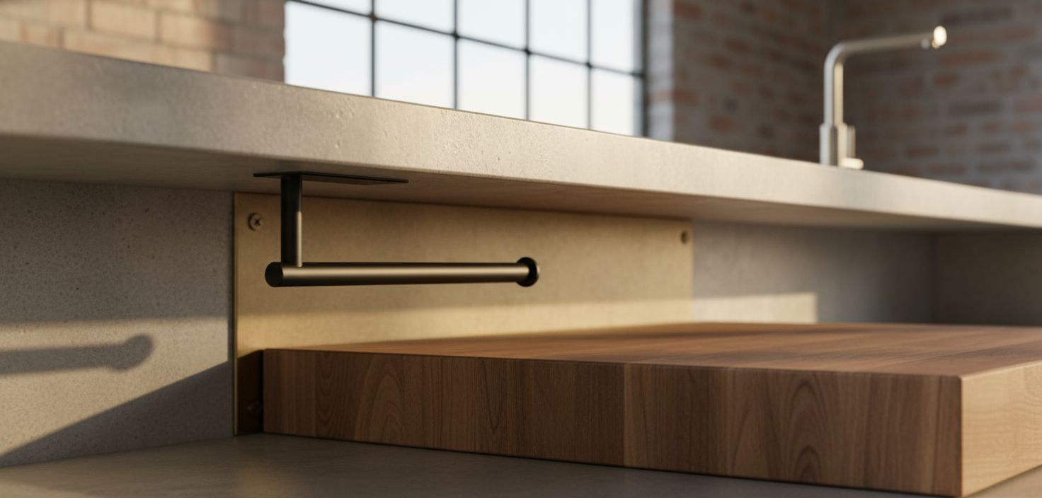 Black plastic adhesive under-cabinet paper towel holder mounted on kitchen cabinet โ view 5b