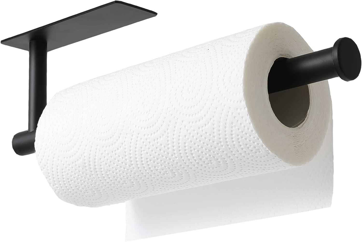Black plastic adhesive under-cabinet paper towel holder mounted on kitchen cabinet โ view 2