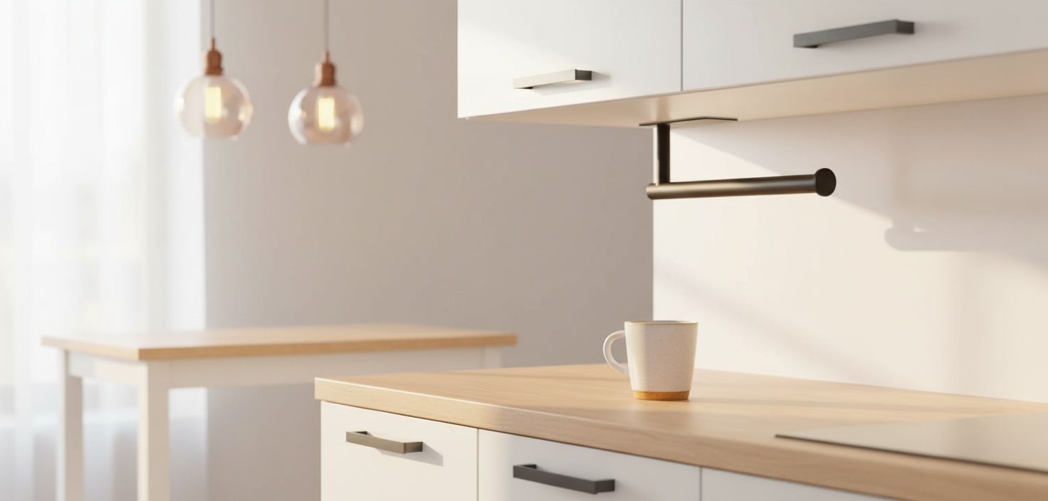 Black plastic adhesive under-cabinet paper towel holder mounted on kitchen cabinet โ view 4