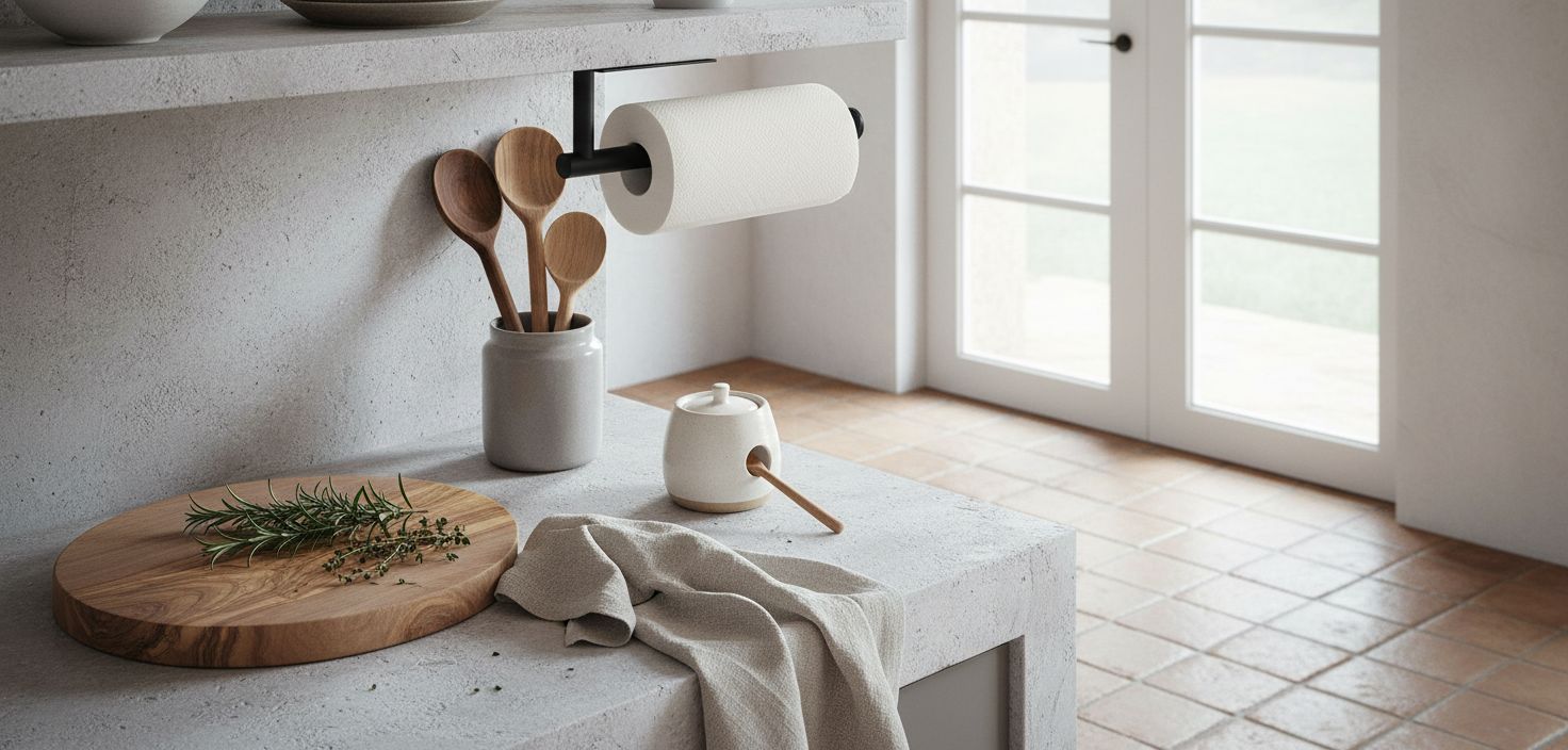 Black plastic adhesive under-cabinet paper towel holder mounted on kitchen cabinet โ view 5a