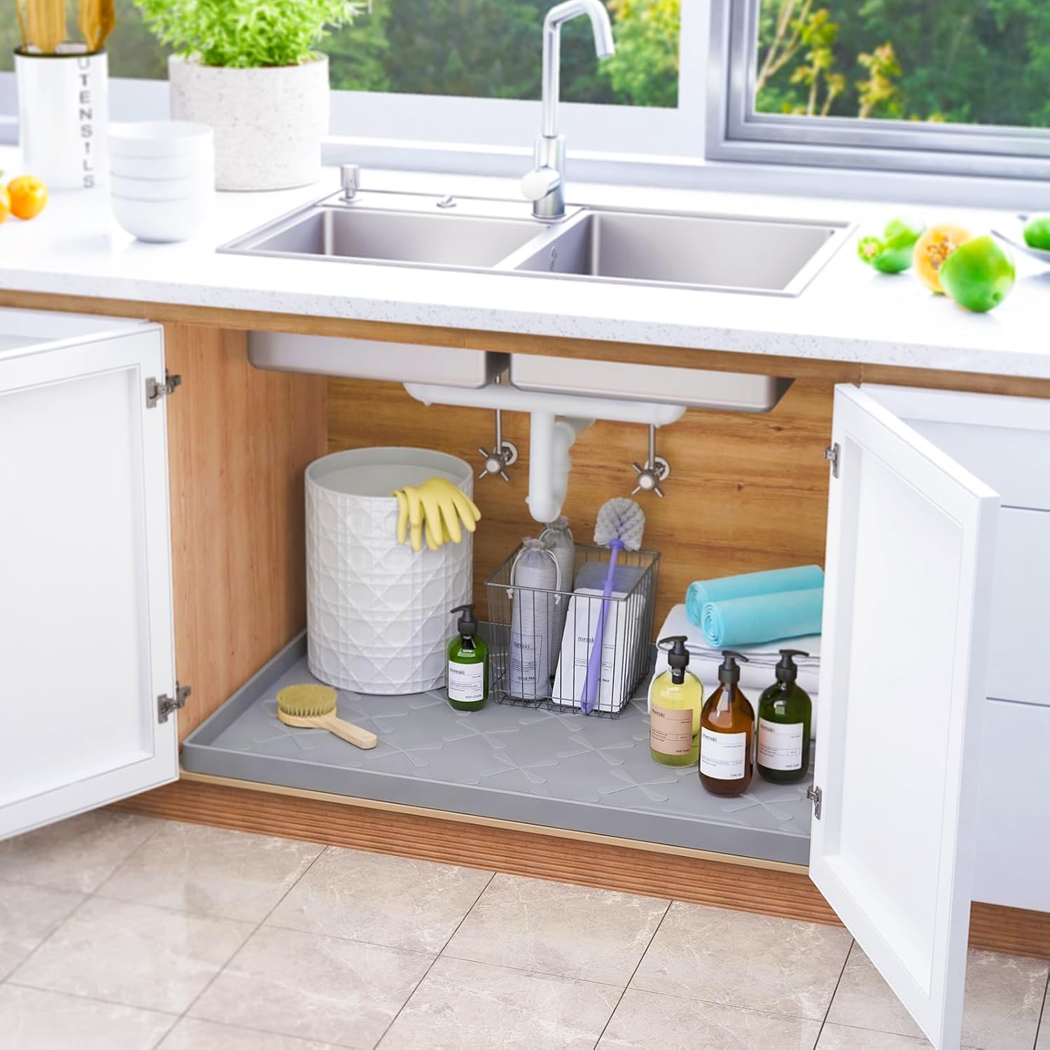 Silicone waterproof under sink mat in gray, 34 x 22 inches โ view 2