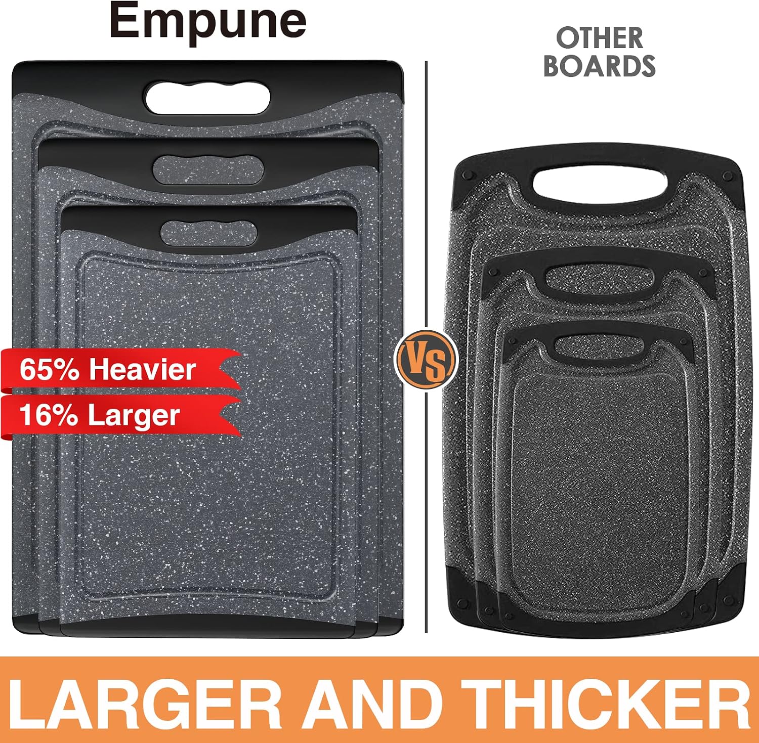 Dark grey plastic cutting board with juice grooves and easy-grip handles, part of 3-piece kitchen set — side