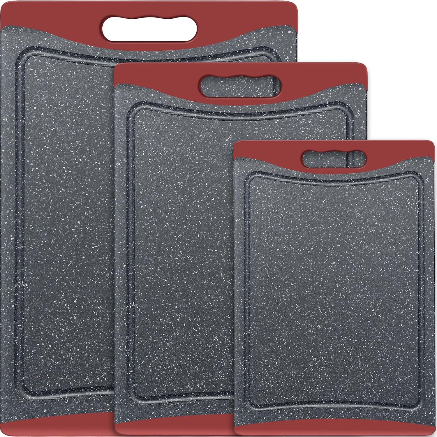 Dark grey plastic cutting board with juice grooves and easy-grip handles, part of 3-piece kitchen set โ view 5