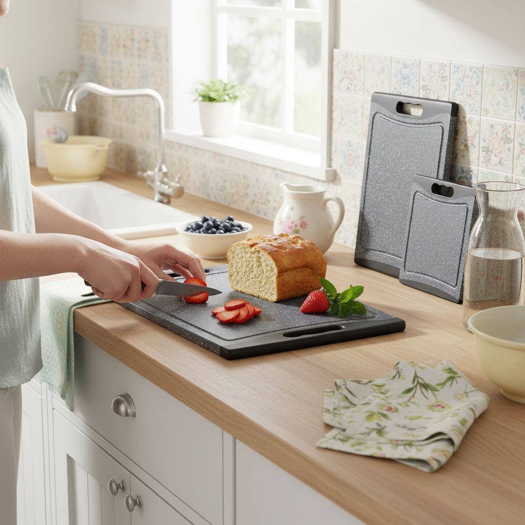 Dark grey plastic cutting board with juice grooves and easy-grip handles, part of 3-piece kitchen set — view 3b