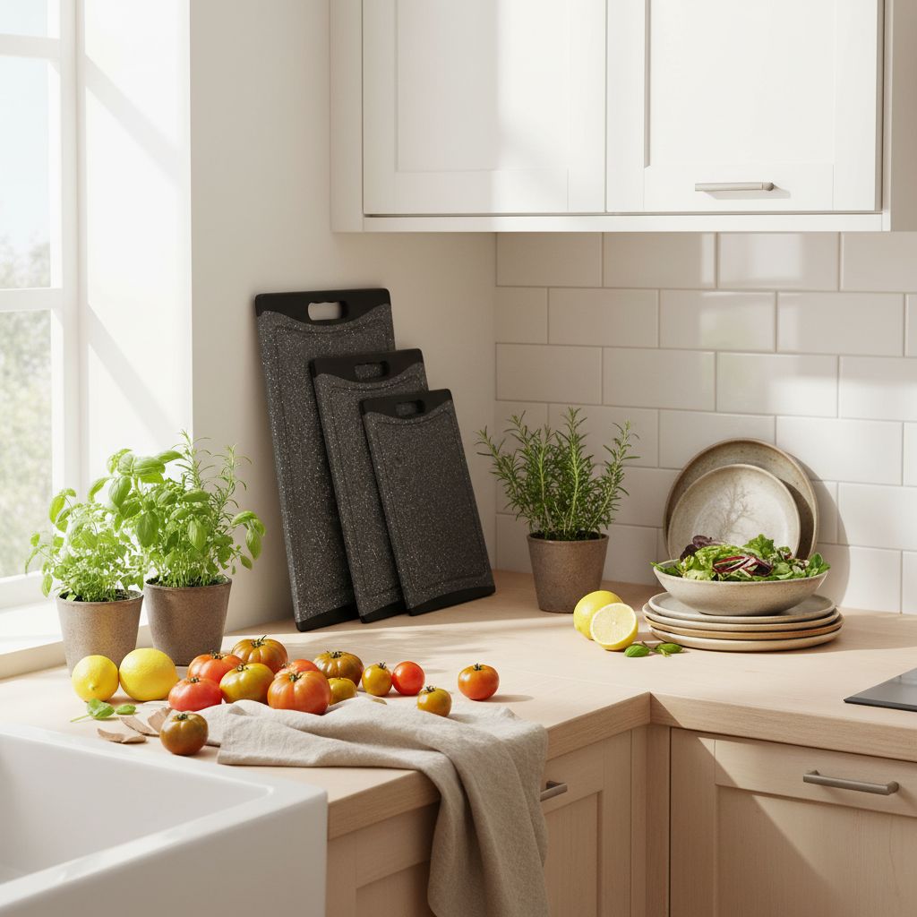 Dark grey plastic cutting board with juice grooves and easy-grip handles, part of 3-piece kitchen set — view 7b