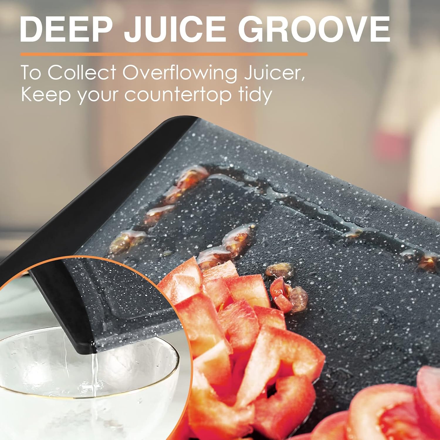 Dark grey plastic cutting board with juice grooves and easy-grip handles, part of 3-piece kitchen set — view 4
