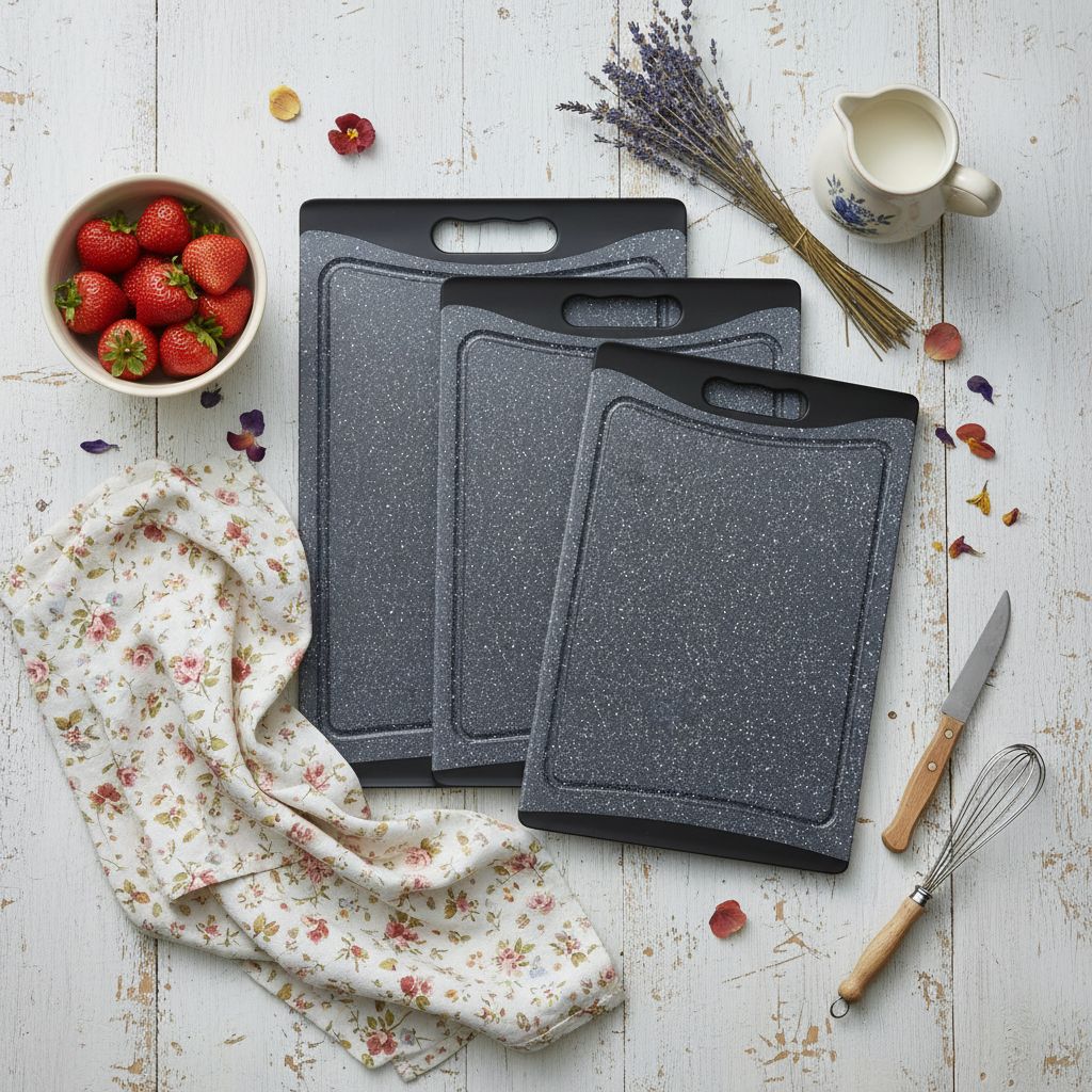 Dark grey plastic cutting board with juice grooves and easy-grip handles, part of 3-piece kitchen set — view 7a