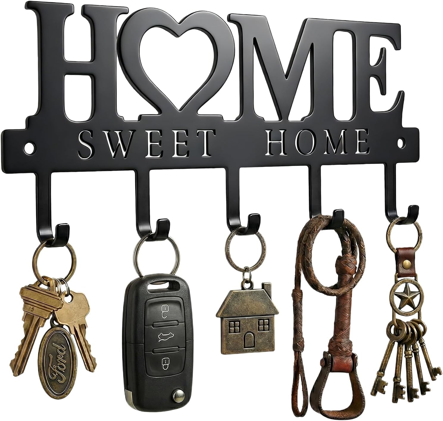 Black metal wall-mounted key holder with 5 hooks, modern design for entryway organization — view 1