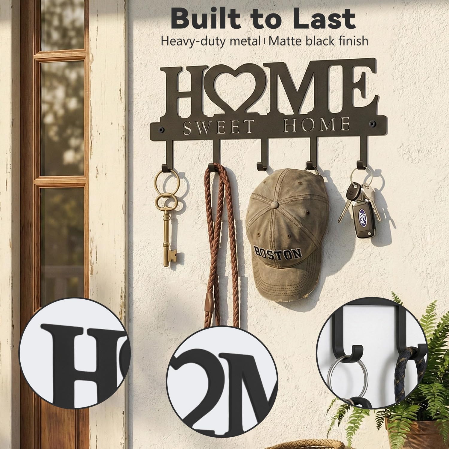 Black metal wall-mounted key holder with 5 hooks, modern design for entryway organization — view 2
