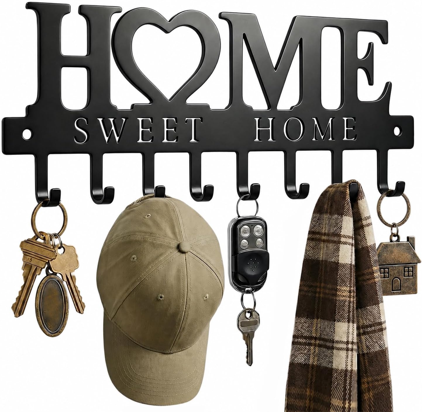 Black metal wall-mounted key holder with 5 hooks, modern design for entryway organization — view 5