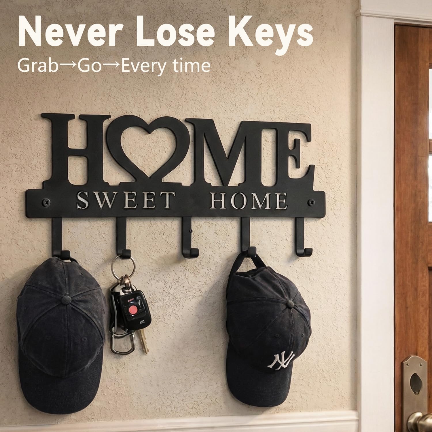Black metal wall-mounted key holder with 5 hooks, modern design for entryway organization — view 2