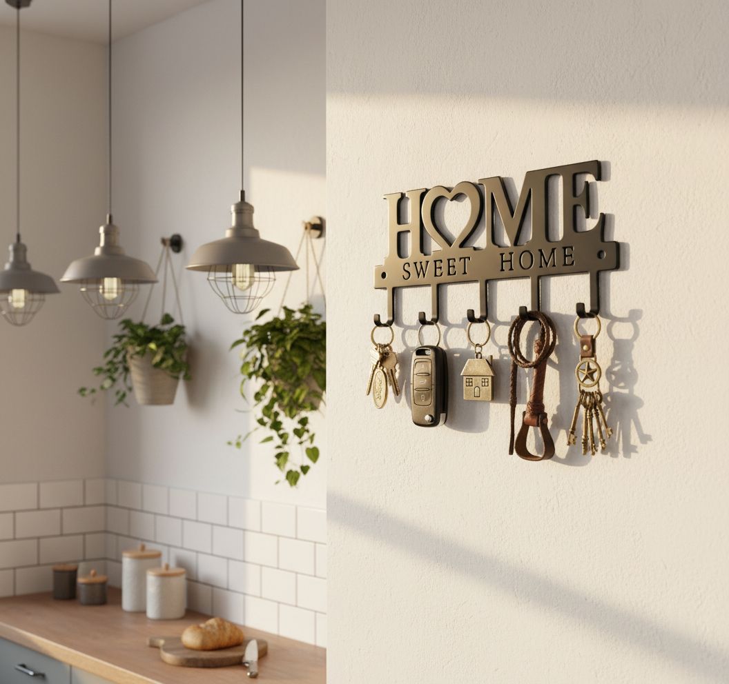 Black metal wall-mounted key holder with 5 hooks, modern design for entryway organization — view 5a