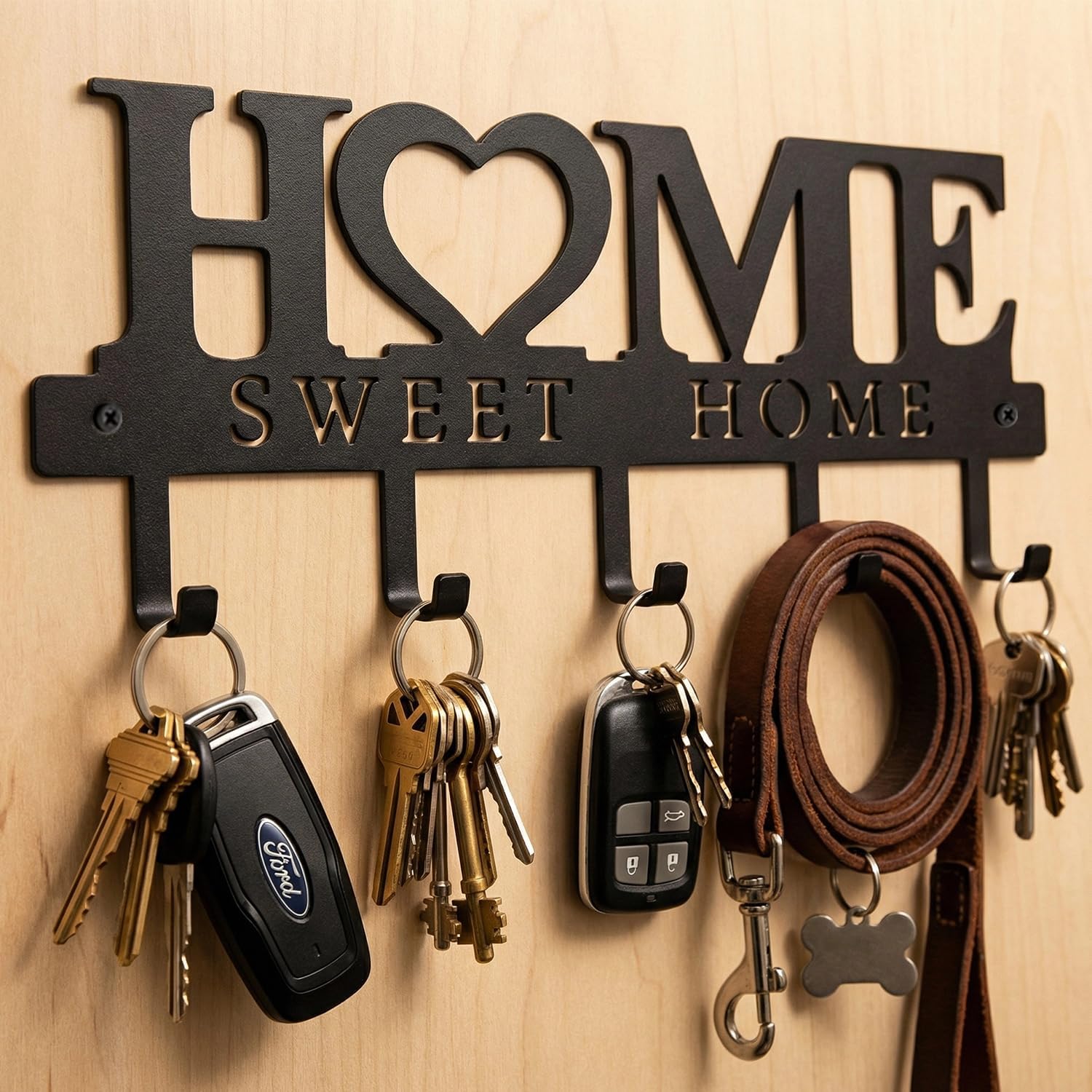 Black metal wall-mounted key holder with 5 hooks, modern design for entryway organization — view 6