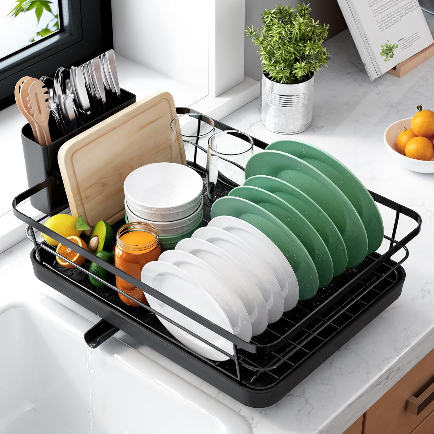 Black plastic countertop dish drying rack with drip tray โ view 1