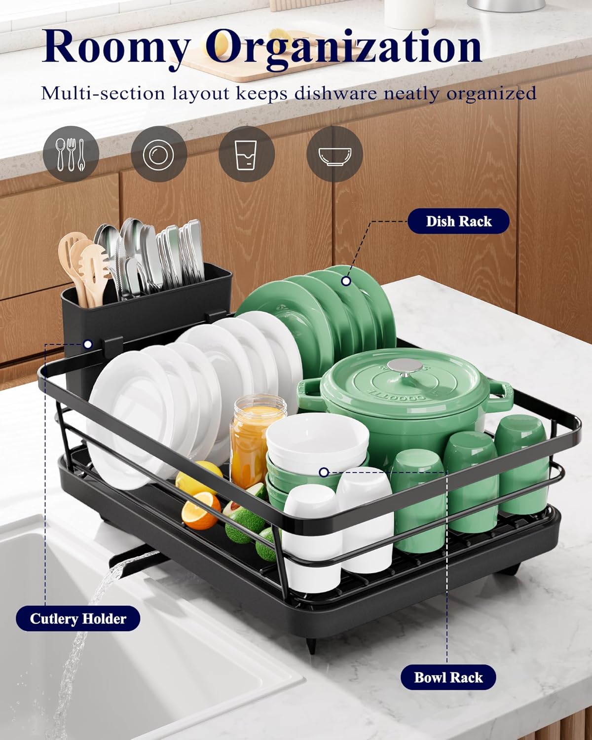Black plastic countertop dish drying rack with drip tray โ view 2