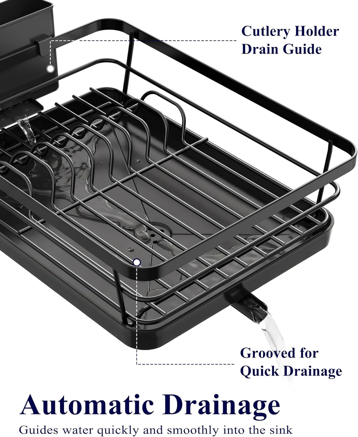Black plastic countertop dish drying rack with drip tray โ view 3