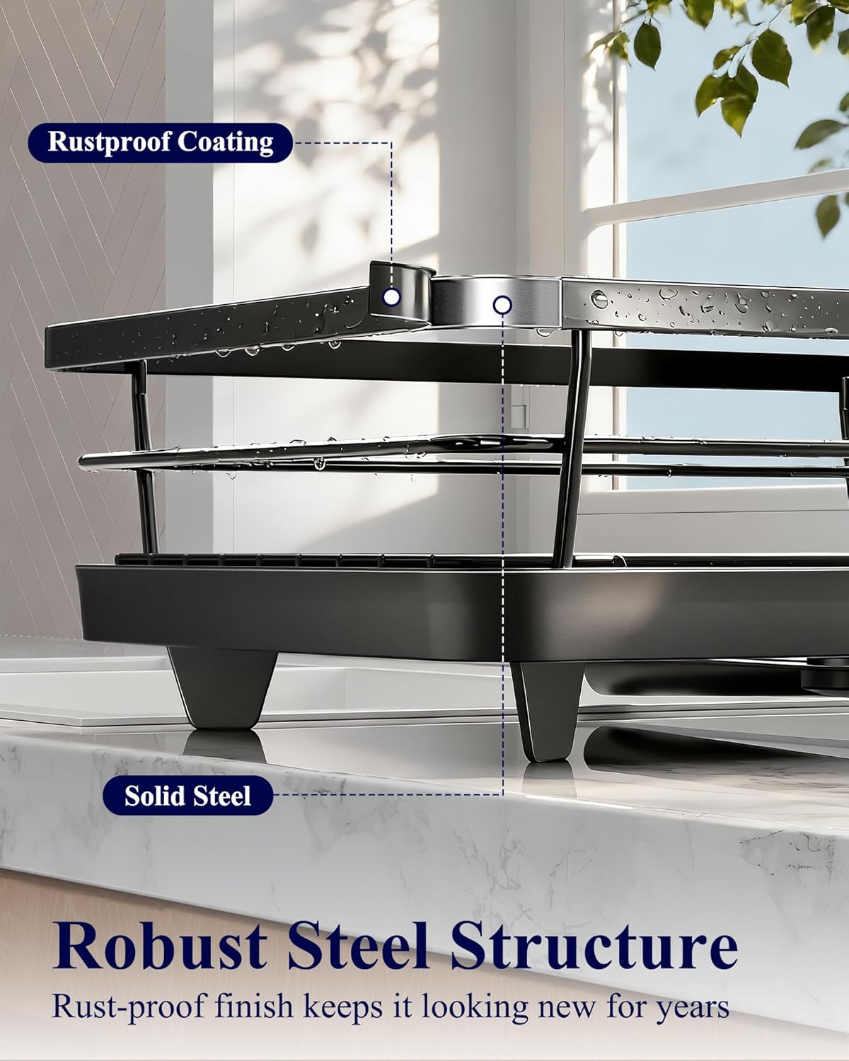 Black plastic countertop dish drying rack with drip tray โ view 3