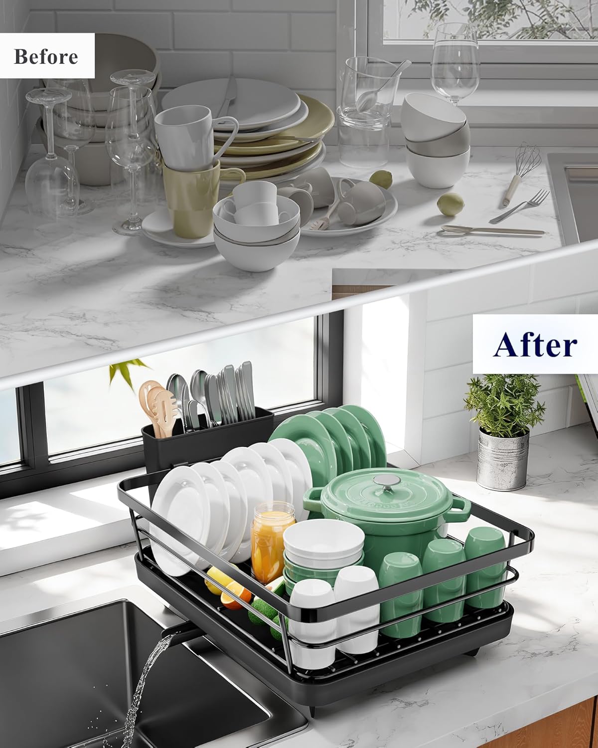 Black plastic countertop dish drying rack with drip tray โ view 5