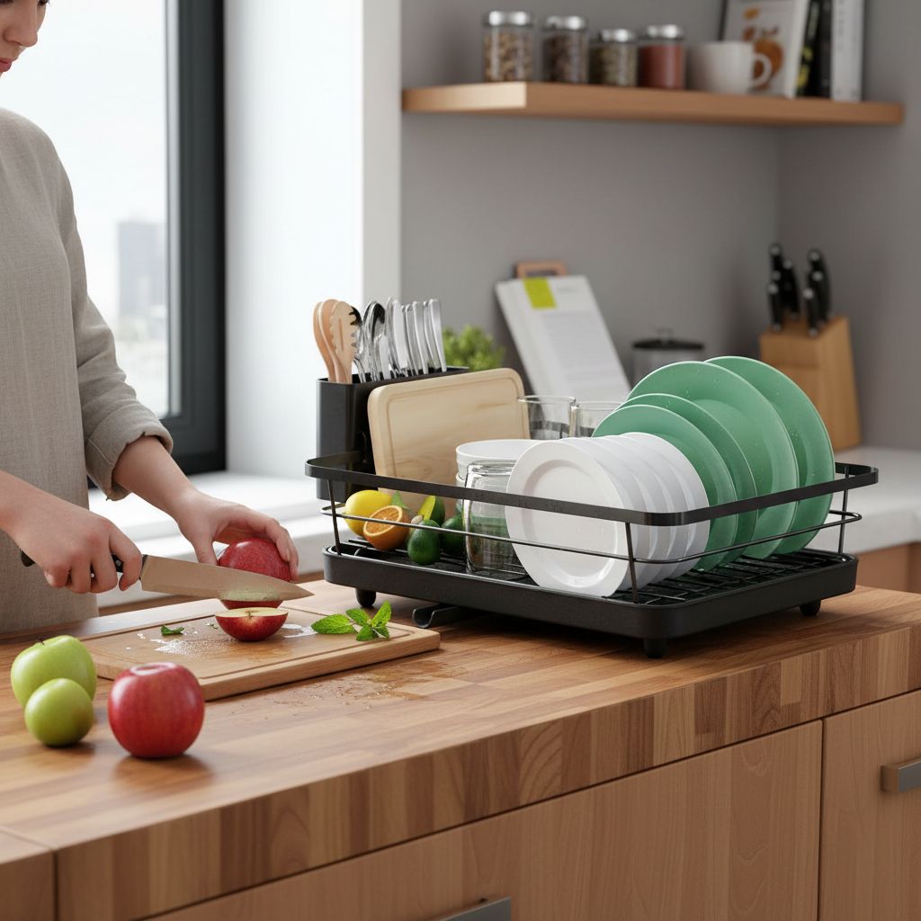 Black plastic countertop dish drying rack with drip tray β view 3b