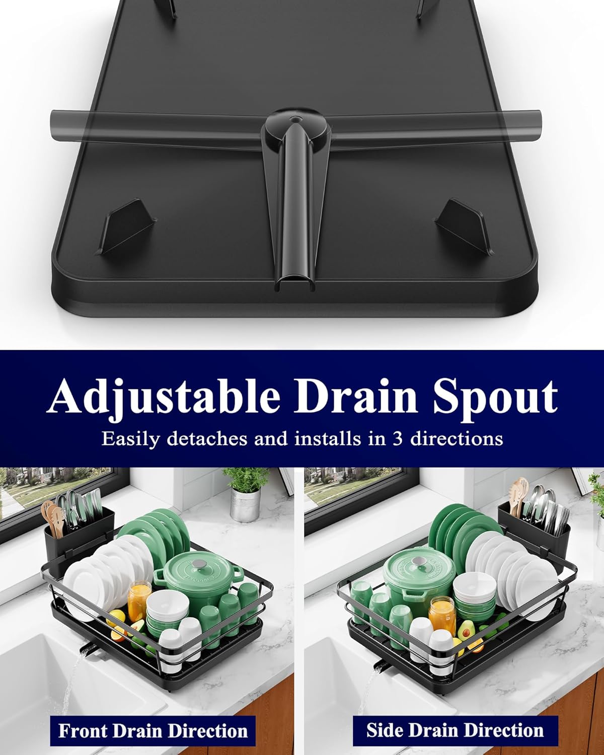Black plastic countertop dish drying rack with drip tray β view 7b