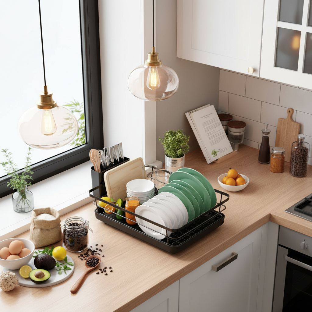Black plastic countertop dish drying rack with drip tray β view 2