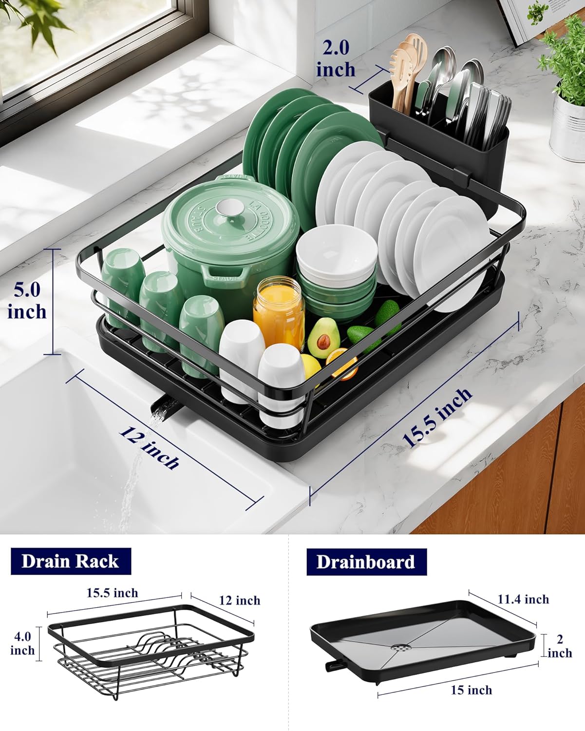 Black plastic countertop dish drying rack with drip tray β view 3a