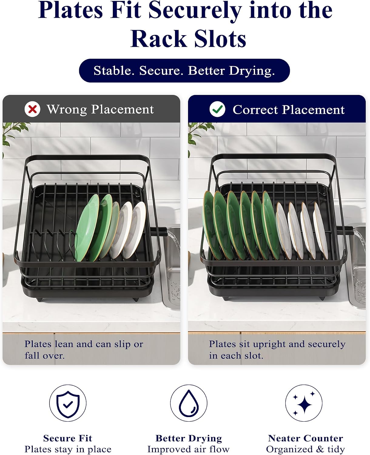 Black plastic countertop dish drying rack with drip tray β view 5a