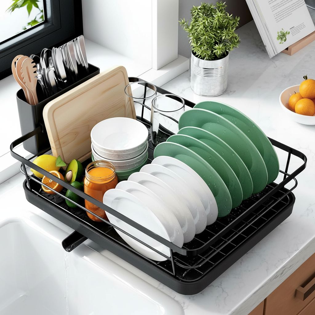 Black plastic countertop dish drying rack with drip tray β view 6