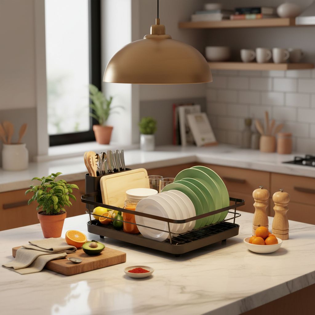 Black plastic countertop dish drying rack with drip tray β view 7a