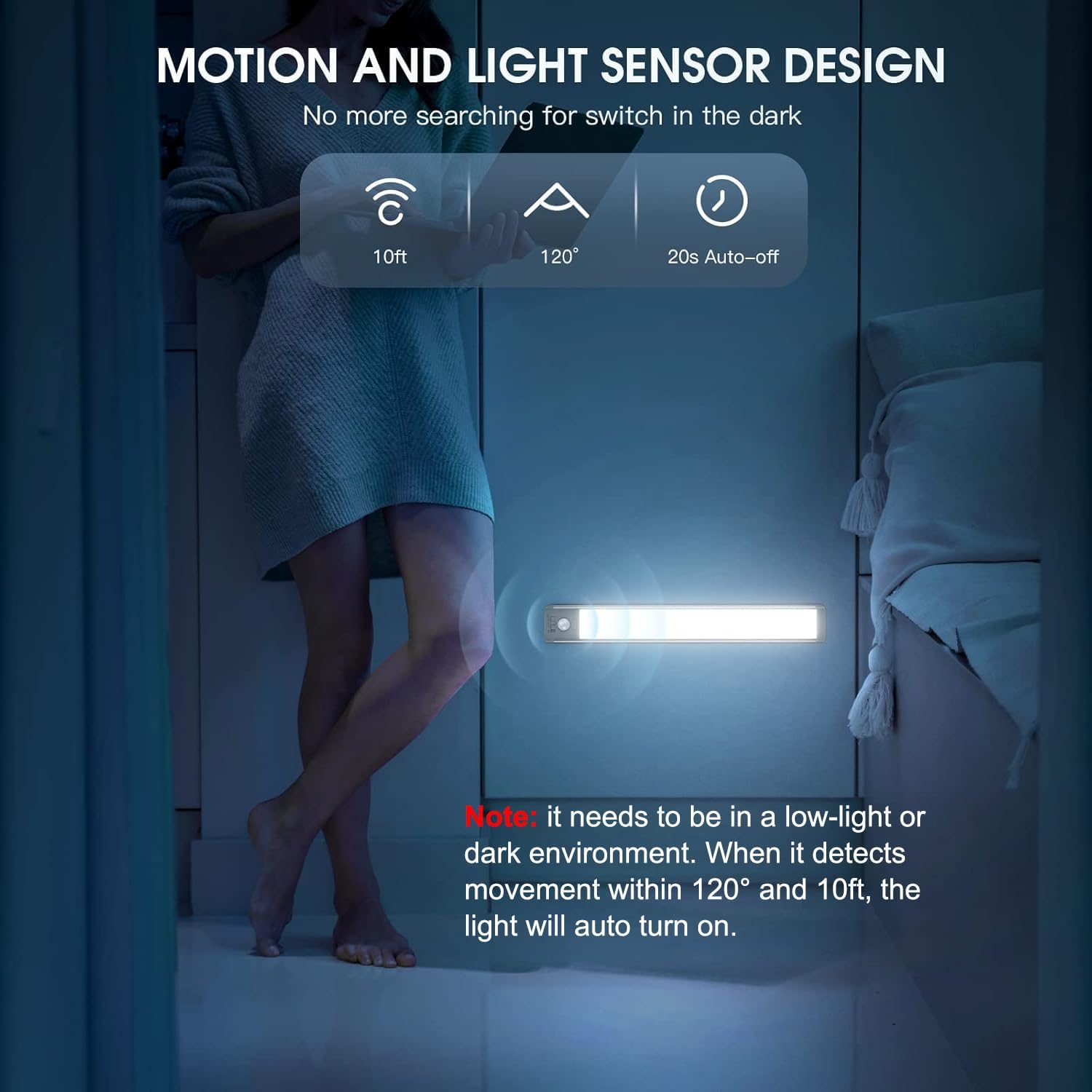 Plastic under-cabinet LED light strip with motion sensor and dimmable brightness control โ view 4