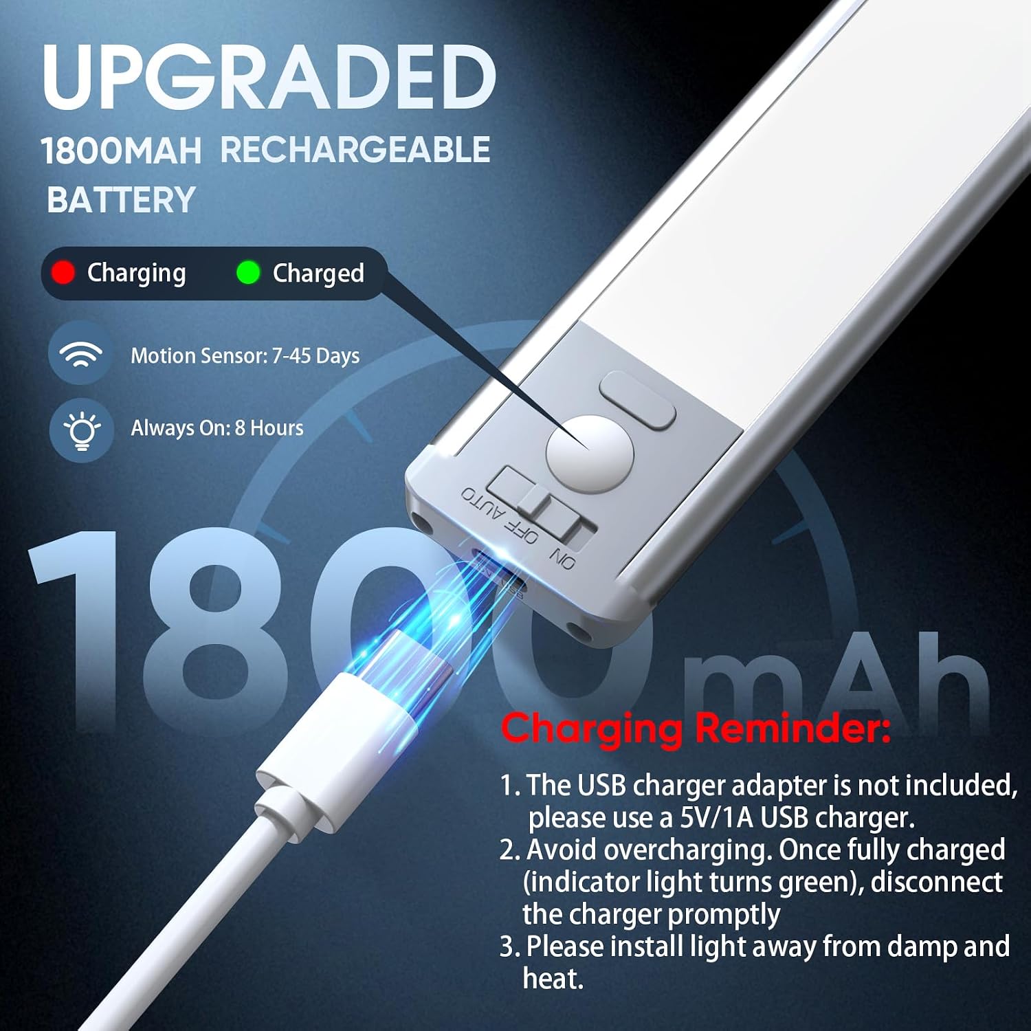 Plastic under-cabinet LED light strip with motion sensor and dimmable brightness control โ view 2