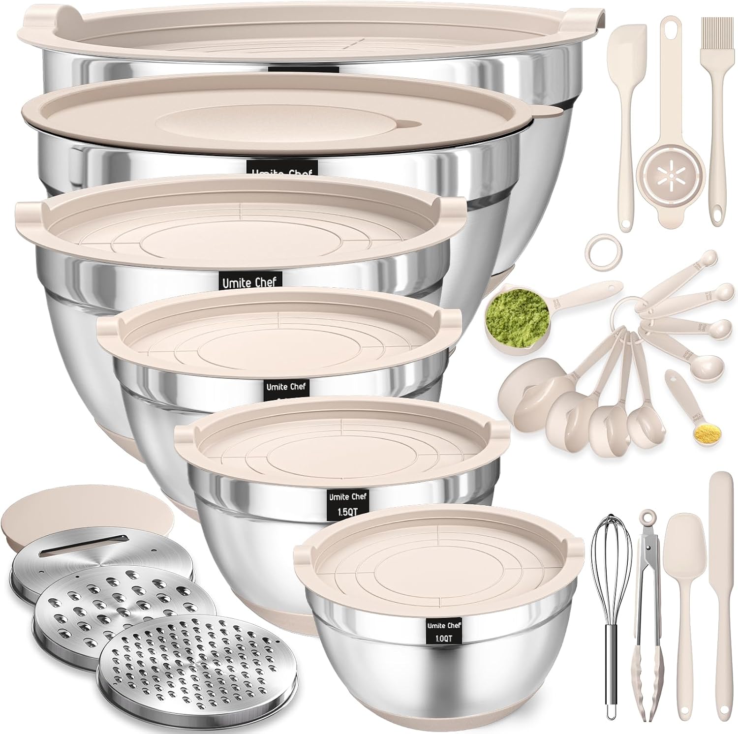 26-piece stainless steel mixing bowl set with khaki airtight lids and grater attachments, non-slip bottoms โ view 1
